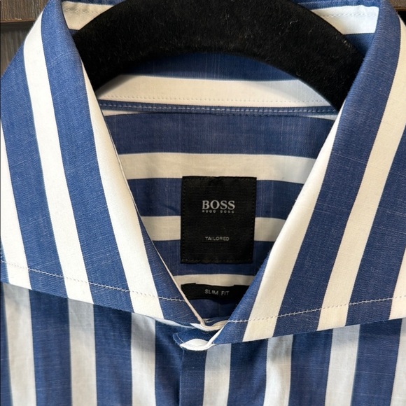 Boss Hugo Boss Blue/White Striped Men's Dress Shirt, 39 15.5 Slim Like New - Picture 2 of 10